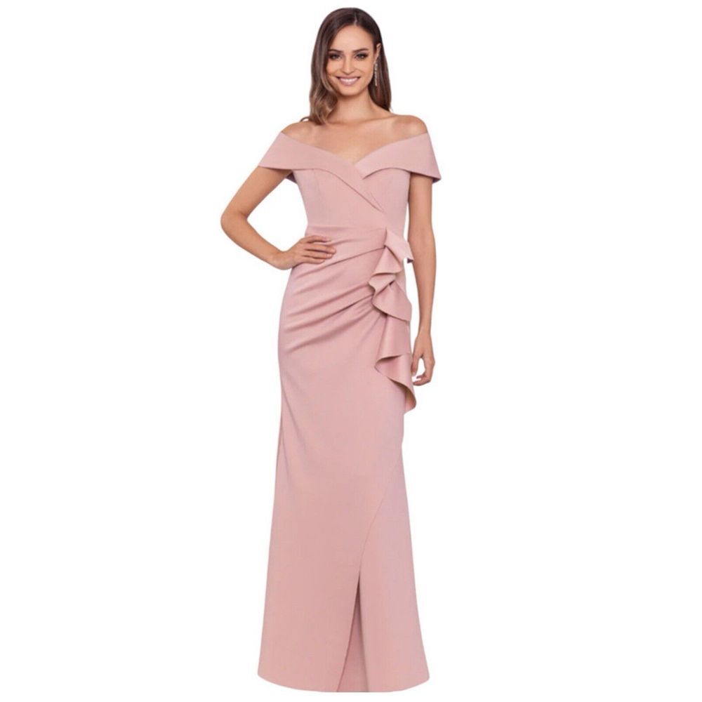 Xscape Off-Shoulder Dusty Rose Ruffle-Accented Maxi Dress